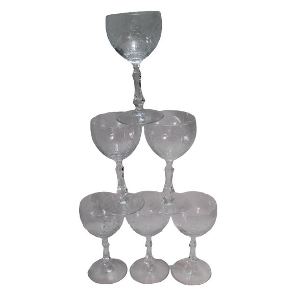 6 Vintage Etched Rose Goblet Cut Crystal 54277